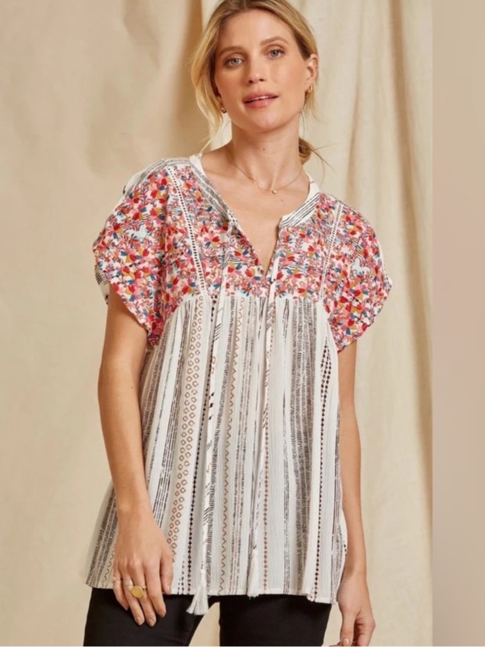 Savanna Jane Large Floral Embroidered Striped Boho Babydoll Blouse Top